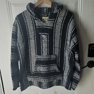 Classic Baja Style Black and White Striped Hooded Sweater sz L